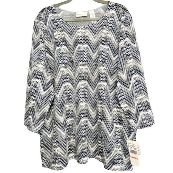 Alfred Dunner NWT Gray Blue Lace Zigzag 2pc Necklace Blouse Womens Plus Size 2X - Picture 1 of 12